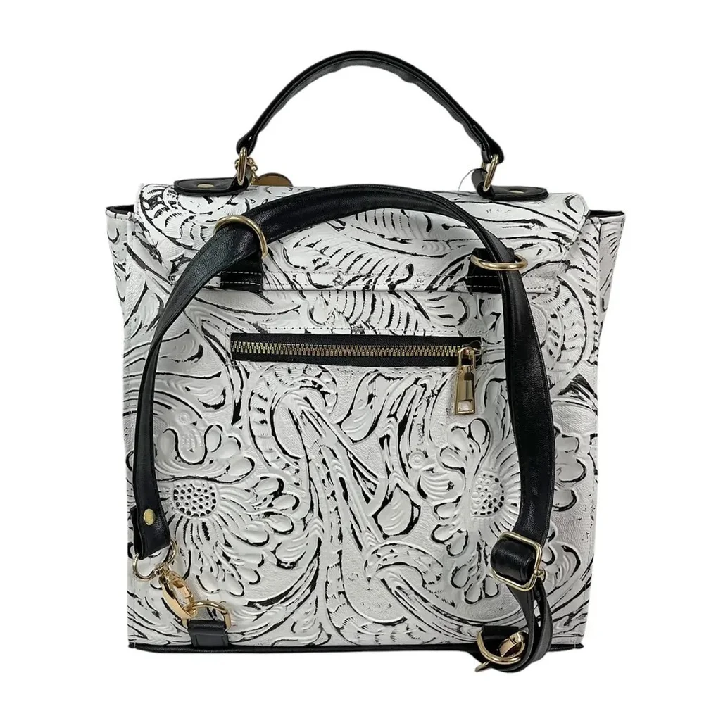 LEATHER White & Black BACKPACK Embossed Tooled Artisan Shoulder Bag Purse Hobo